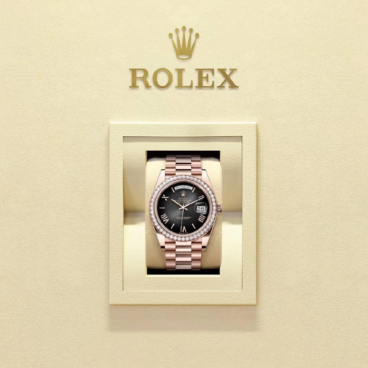 2024 Release Rolex Day-Date 40 mm | 18k Everose gold President bracelet | Slate ombr dial Diamond bezel | Men's Watch 228345RBR
