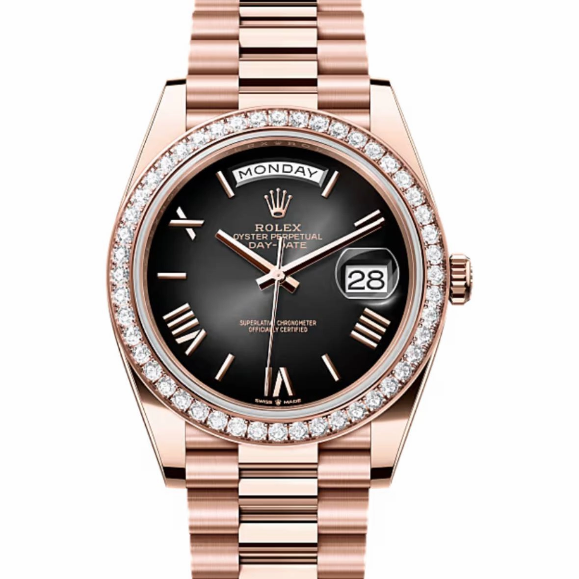 2024 Release Rolex Day-Date 40 mm | 18k Everose gold President bracelet | Slate ombr dial Diamond bezel | Men's Watch 228345RBR