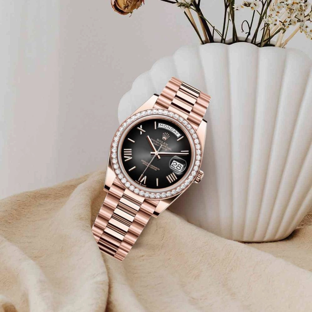 2024 Release Rolex Day-Date 40 mm | 18k Everose gold President bracelet | Slate ombr dial Diamond bezel | Men's Watch 228345RBR