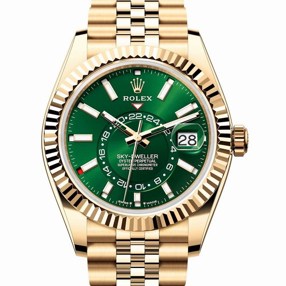 2025 Model Rolex Sky-Dweller 42 mm - Ref: 336938-0008 - Bright green Dial, 18k Yellow Gold Jubilee Bracelet Watch