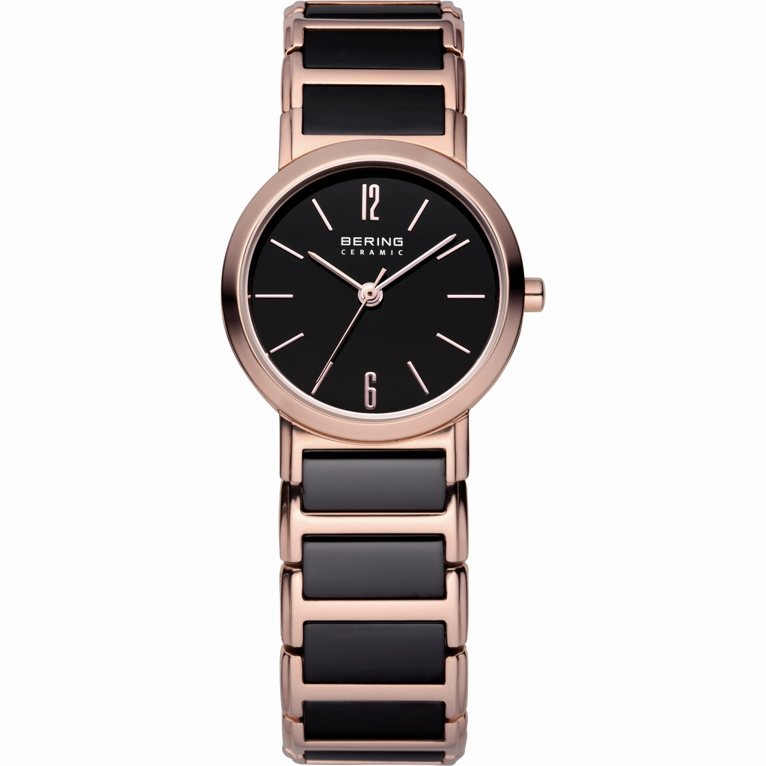 Bering - Ladies Black Ceramic & Rose Link Watch
