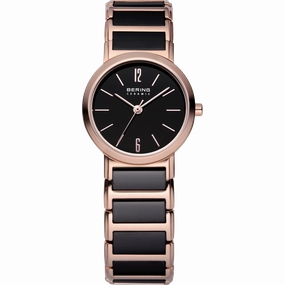 Bering - Ladies Black Ceramic & Rose Link Watch