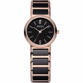 Bering - Ladies Black Ceramic & Rose Link Watch