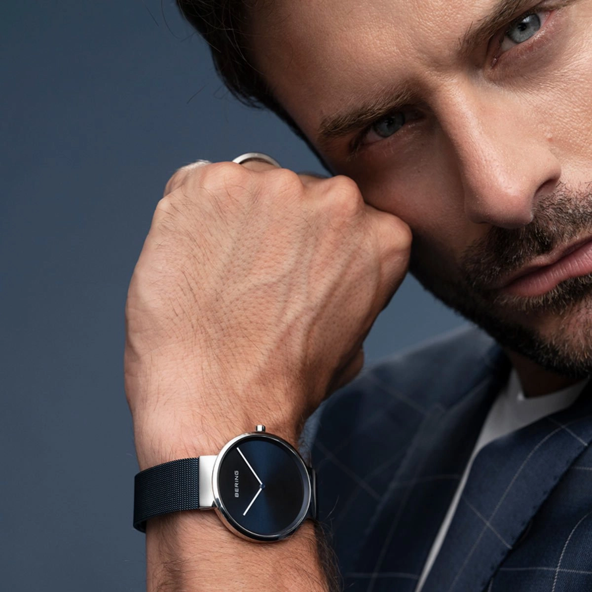Bering Classic Brushed Silver Blue Milanese Mesh Watch