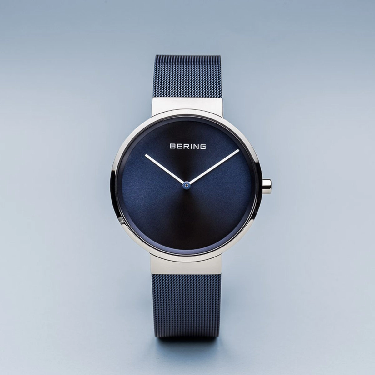 Bering Classic Brushed Silver Blue Milanese Mesh Watch