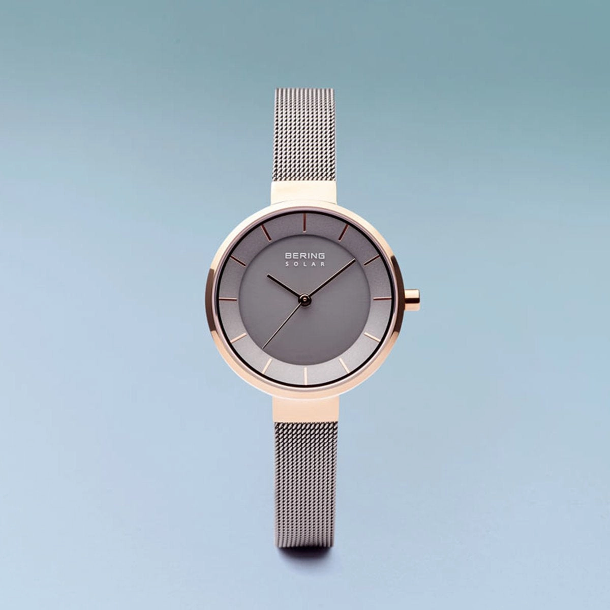 Bering Slim Solar Polished Rose Gold Grey Mesh Watch
