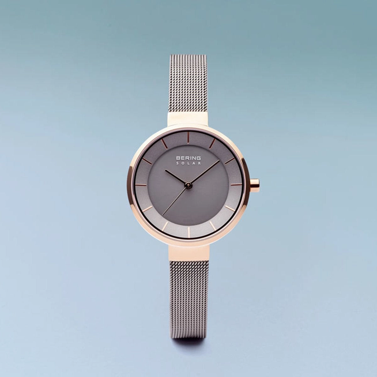 Bering Slim Solar Polished Rose Gold Grey Mesh Watch