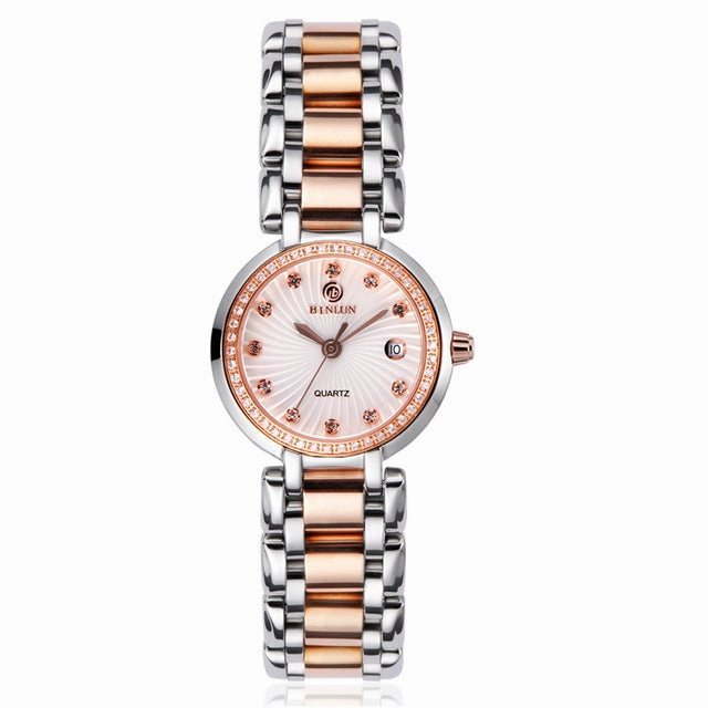 BINLUN Luxury Couple's Wrist Watches Waterproof And Scratch Resistant Diamond Dial Rose Gold Strap Sports Watches For Men/Women