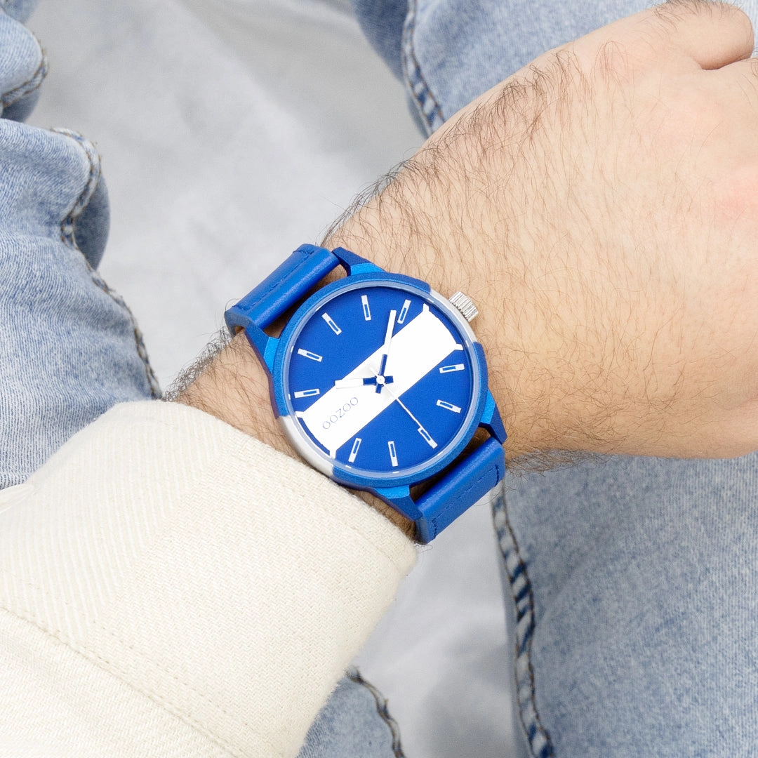 Black OOZOO watch with jeans blue leather strap - C11442