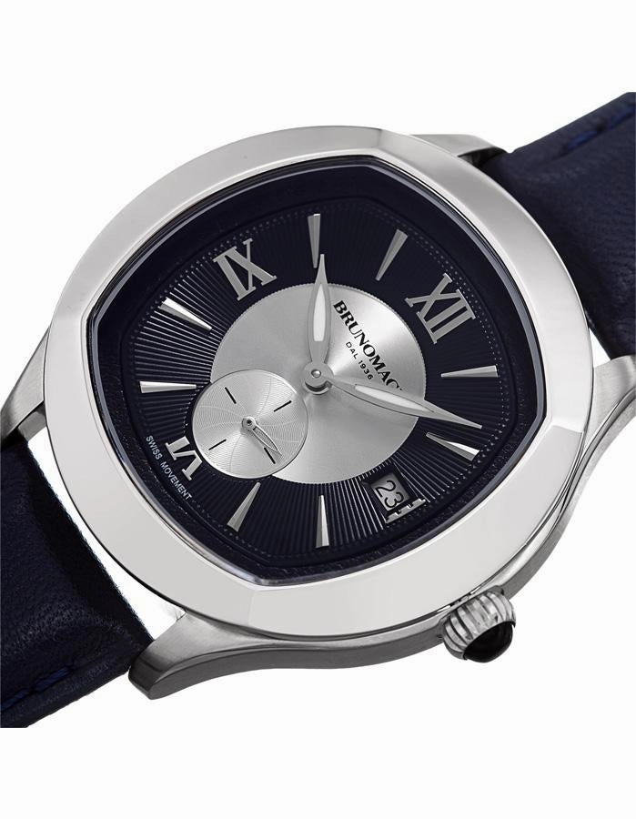 Bruno Magli Mens Amadeo Leather Dial Watch - Stainless Steel - Navy Leather