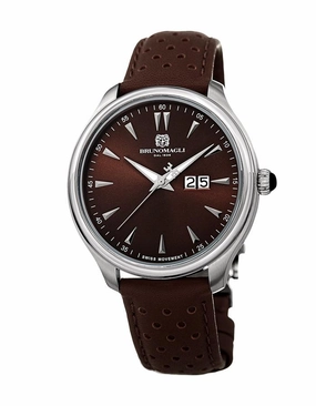 Bruno Magli Mens Luca Stainless Steel Watch - Perforated Band - Dark Brown