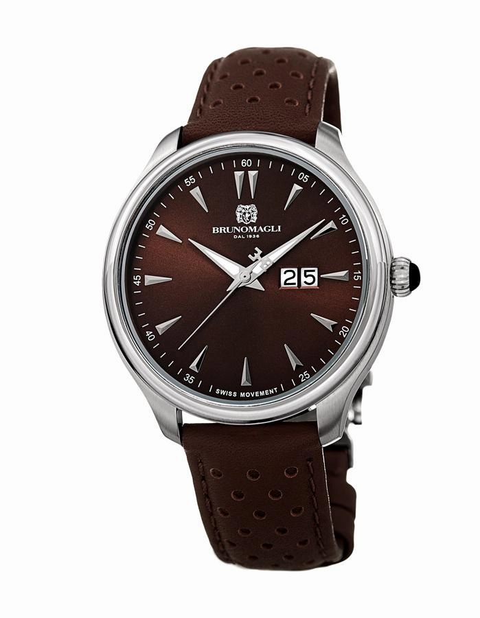 Bruno Magli Mens Luca Stainless Steel Watch - Perforated Band - Dark Brown