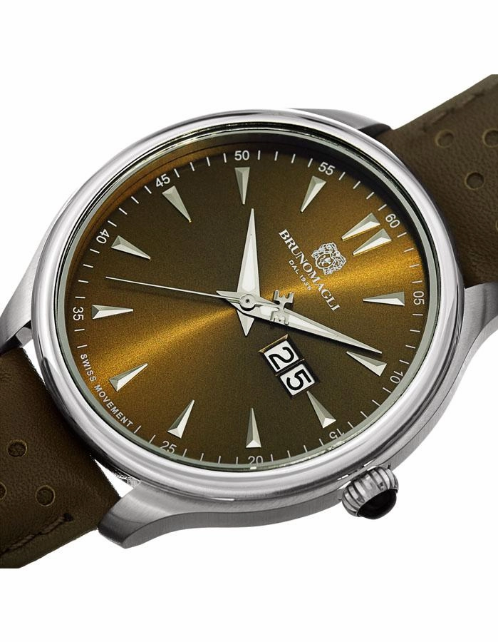 Bruno Magli Mens Luca Stainless Steel Watch- Perforated Band - Green