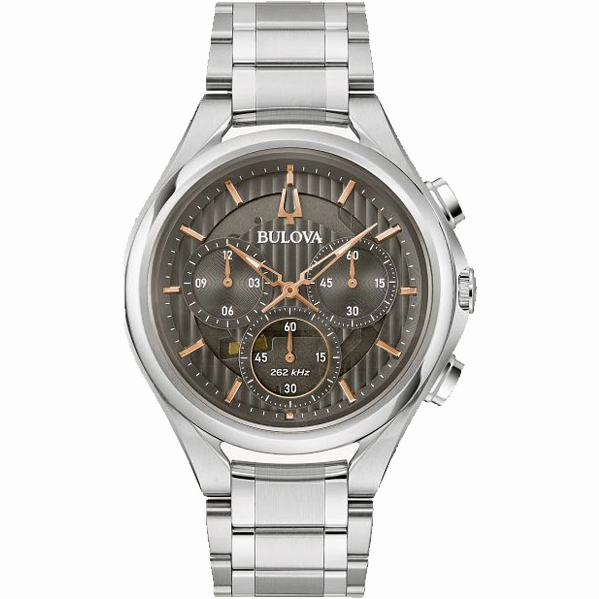 Bulova Men's Watch - Curv Quartz Chrono Grey Dial Silver Steel Bracelet | 96A298