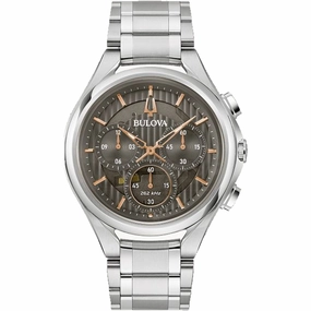 Bulova Men's Watch - Curv Quartz Chrono Grey Dial Silver Steel Bracelet | 96A298