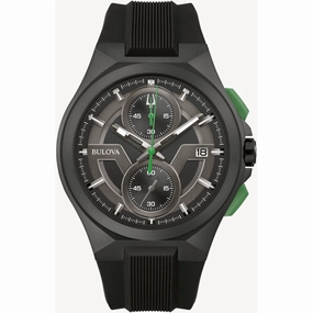 Bulova Men's Watch - Maquina Chrono Black and Dark Grey Dial Rubber Strap | 98B381