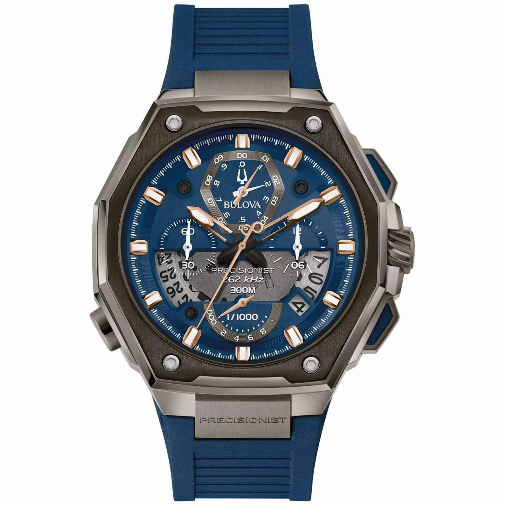 Bulova Men's Watch - Precisionist Quartz Black Steel Case Blue Rubber Strap | 98B357