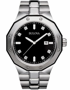 Bulova Mens 8 Diamond Black Dial Marine Star - Date - Stainless Steel - Bracelet