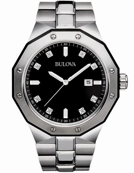 Bulova Mens 8 Diamond Black Dial Marine Star - Date - Stainless Steel - Bracelet