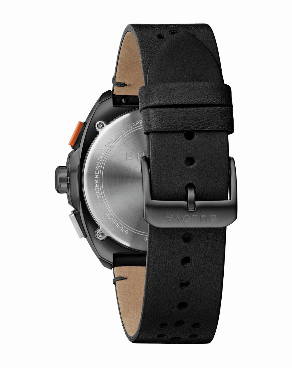 Bulova Racer Chronograph Watch with Black Leather Strap and Orange Accents 98B428
