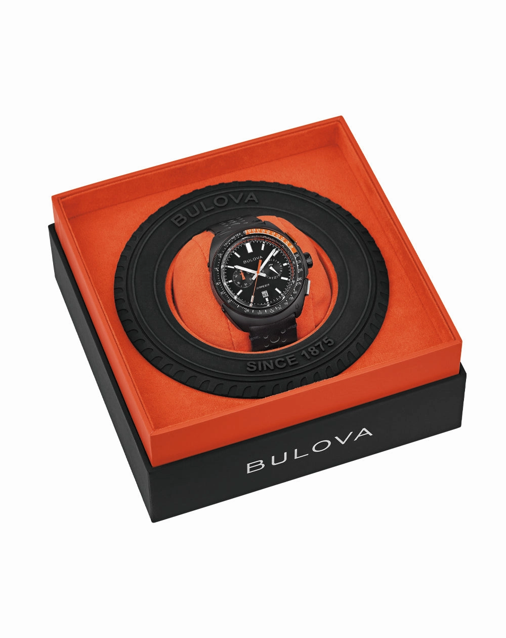 Bulova Racer Chronograph Watch with Black Leather Strap and Orange Accents 98B428