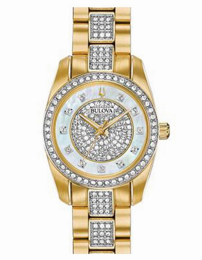 Bulova Womens Crystal Dress Watch - Gold-Tone - Bracelet - Swarovski - MOP