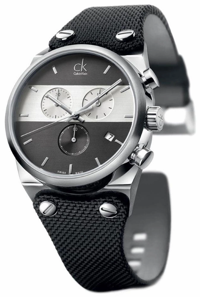 Calvin Klein Eager Chronograph Black Nylon Strap Black and Silver Dial Quartz Mens Watch K4B371B3