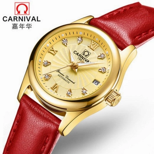 Carnival switzerland sapphire mechanical women watch luxury brand genuine leather waterproof watches women reloj bayan kol saati