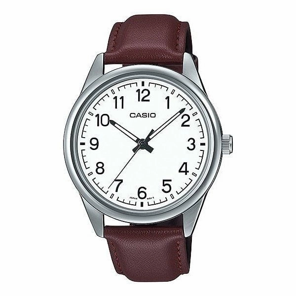 Casio Analog White Dial Brown Leather Strap Watch MTPV005L-7B4
