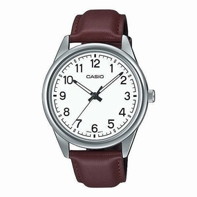 Casio Analog White Dial Brown Leather Strap Watch MTPV005L-7B4