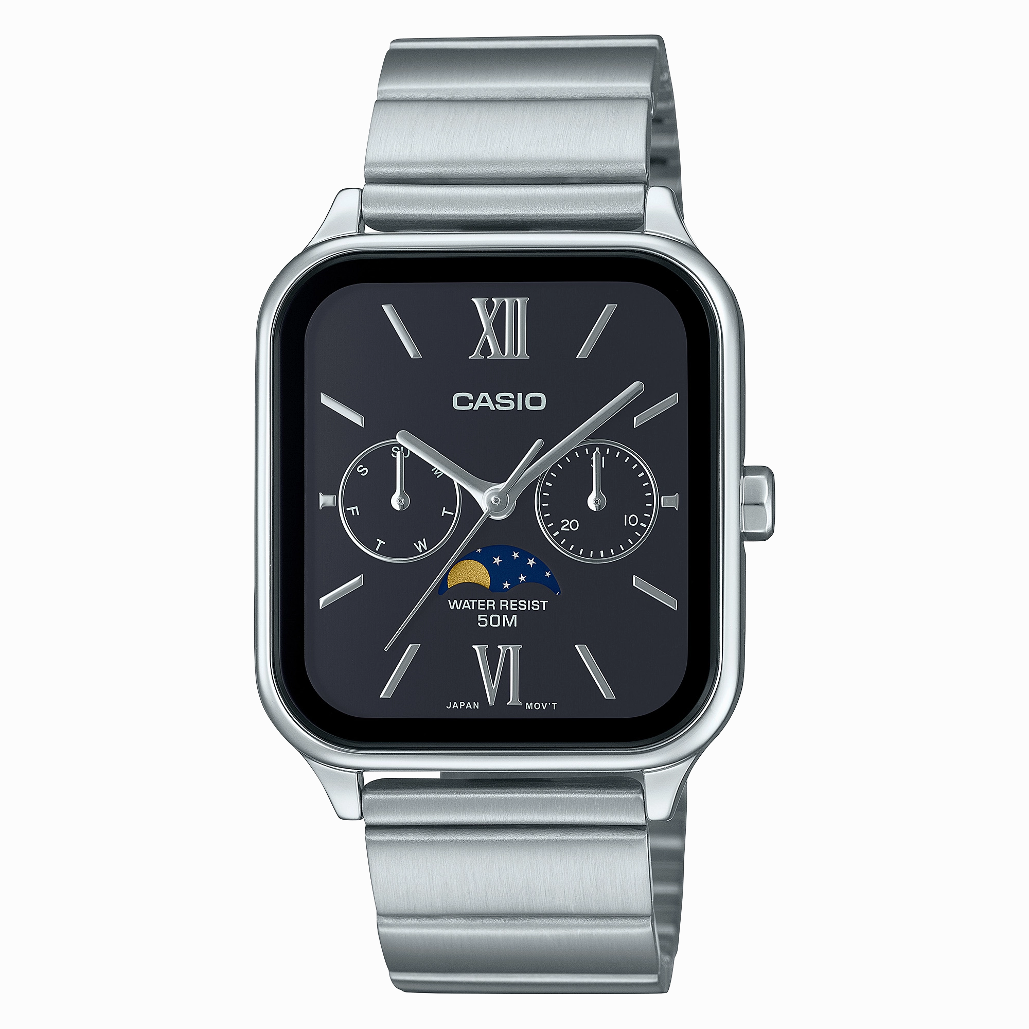 Casio Analogue Moon Phase Black Dial Stainless Steel Watch MTPM305D-1A2