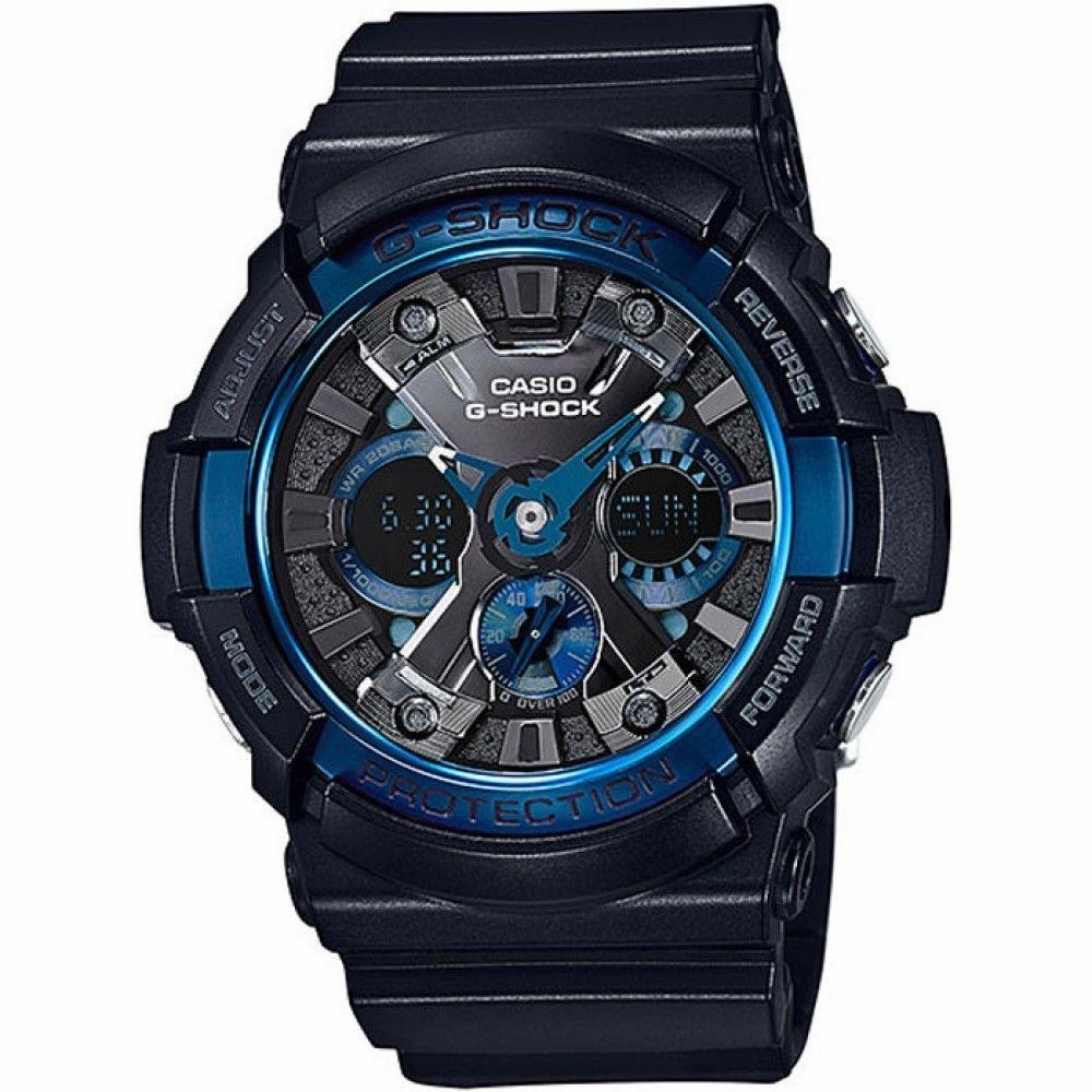 Casio Men's G-Shock World Time Black Resin Strap Ana-Digi Black Dial Alarm Dive Watch | GA200CB-1A