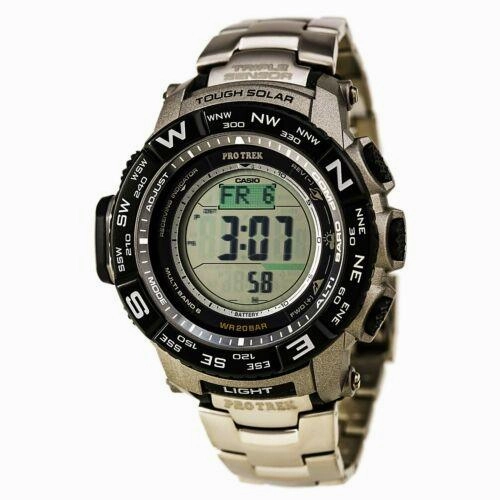 Casio Men's Protrek Tough Solar Digital Grey Dial Titanium Bracelet World Time Dive Watch | PRW3500T-7