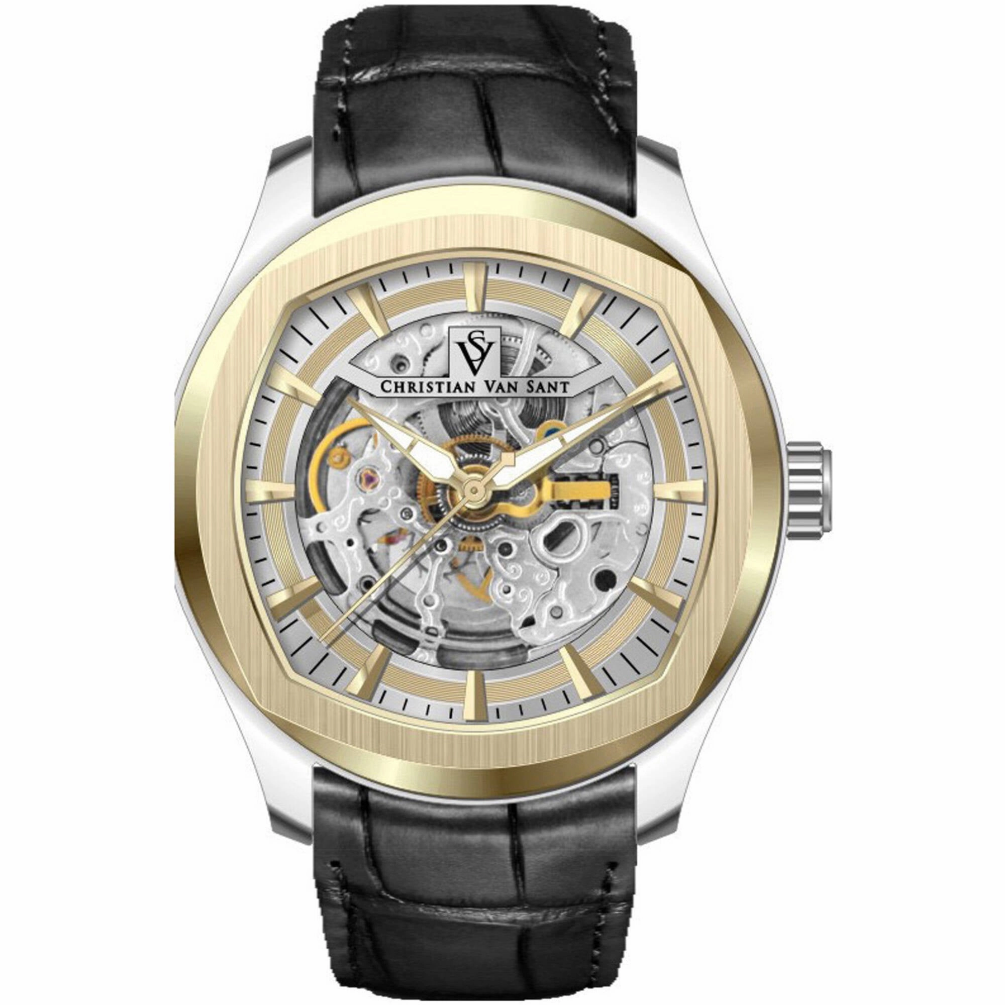 Christian Van Sant Men's Watch - Romeo Gold Tone Dial Black Leather Strap | CV9502