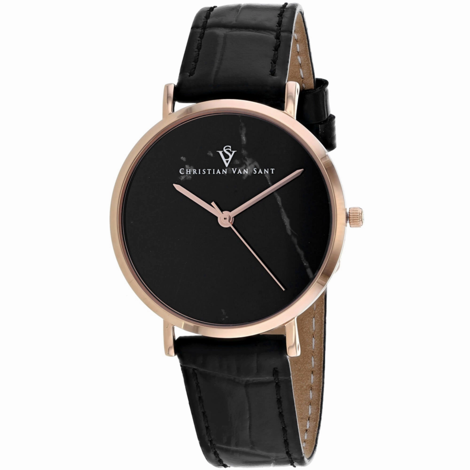 Christian Van Sant Women's Watch - Lotus Quartz Black Dial Leather Strap | CV0423BK