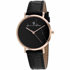 Christian Van Sant Women's Watch - Lotus Quartz Black Dial Leather Strap | CV0423BK