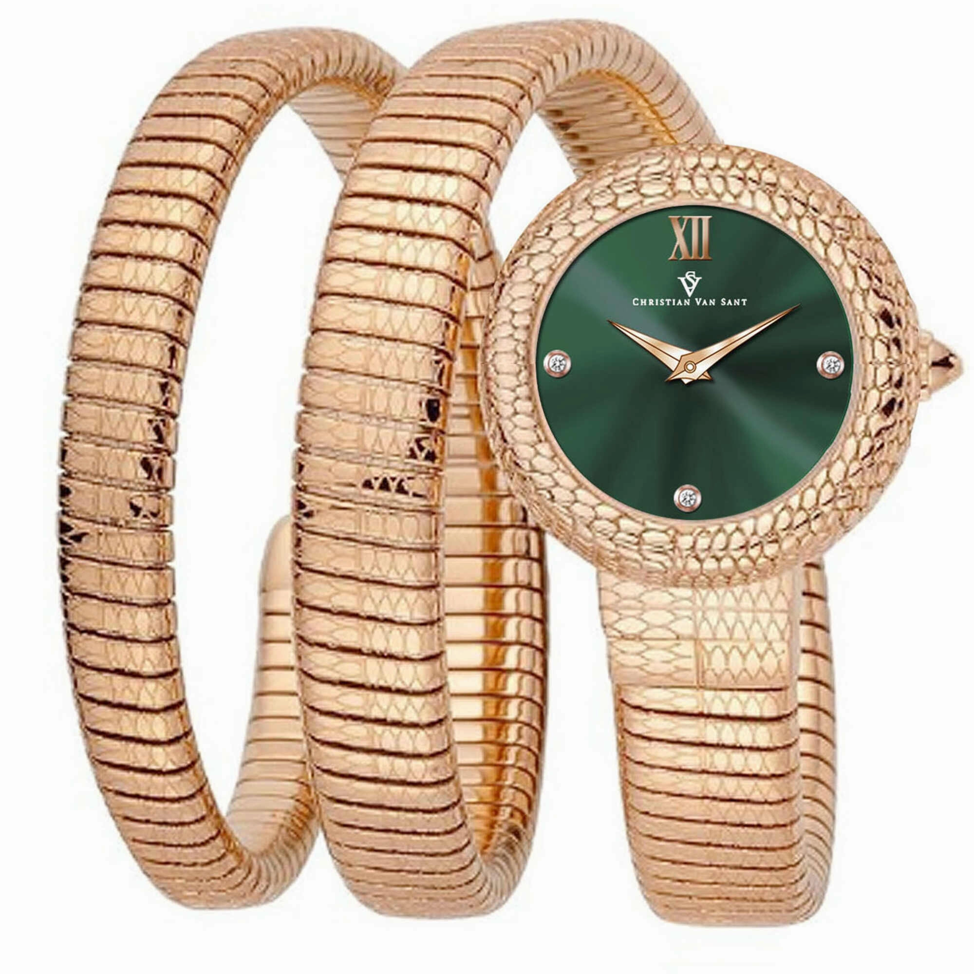 Christian Van Sant Women's Watch - Naga Quartz Green Dial Rose Gold Band | CV0895