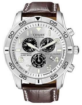 Citizen Eco-Drive Mens Perpetual Calendar Chrono - Silver-Tone Dial - Leather
