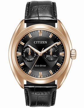 Citizen Eco-Drive Mens Watch - Rose-Gold - Grey Dial - Leather Strap - Day/Date