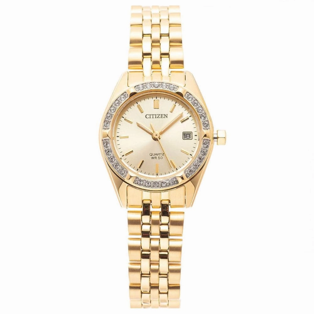 CITIZEN EU6062-50P GOLD DIAL CRYTAL CASE GOLD STAINLESS STEEL BRACELET STRAP WOMEN'S WATCH
