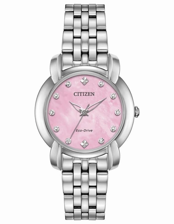 Citizen Ladies Eco-Drive Jolie Watch - Stainless Steel - Diamond Markers - Pink