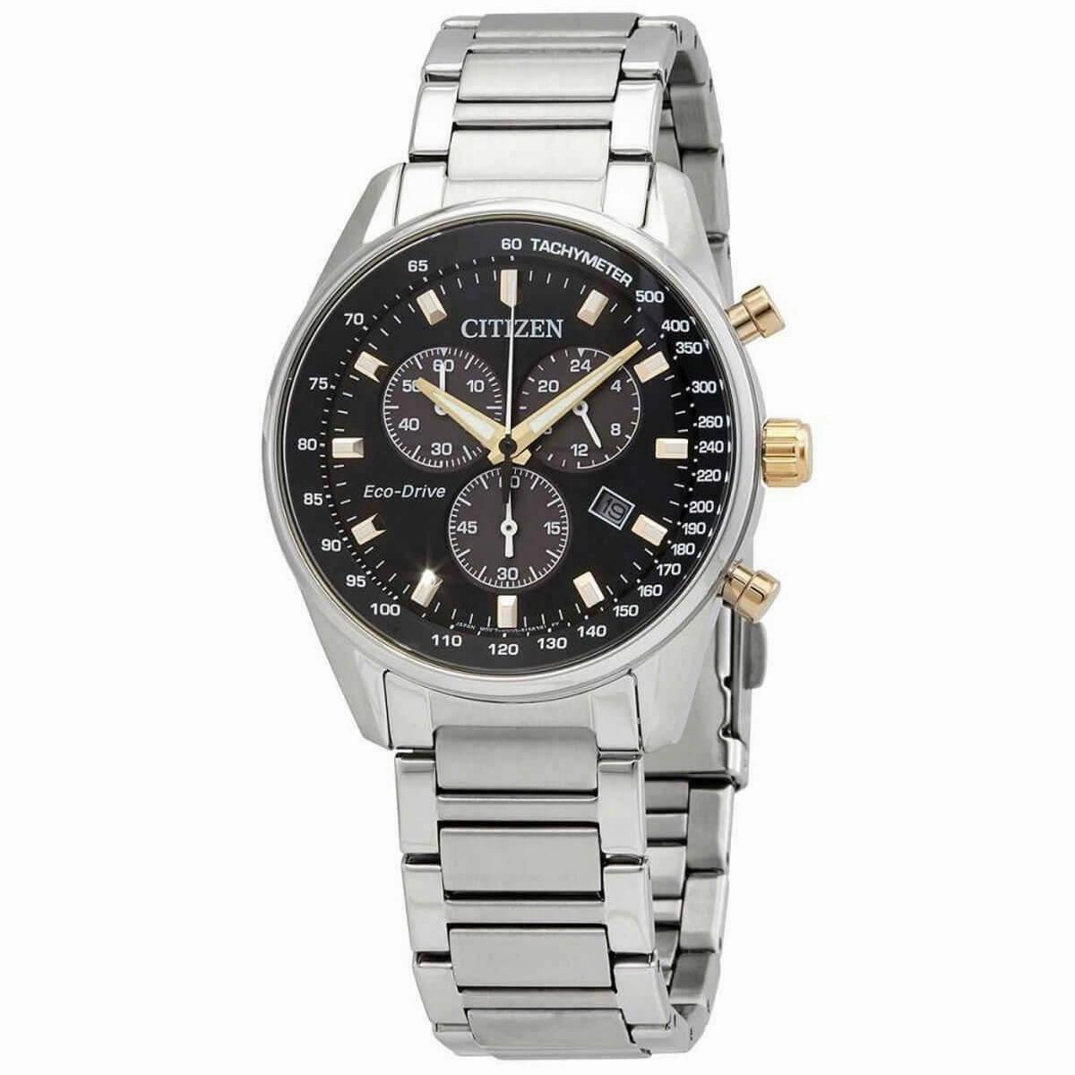 Citizen Men's Chrono Watch - Eco-Drive Black Dial Silver Tone Bracelet | AT2396-78E
