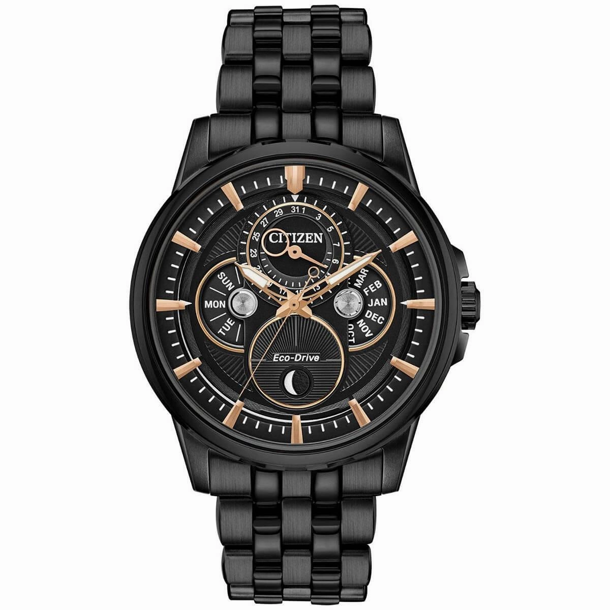 Citizen Men's Eco Drive Watch - Calendrier Day- Date Black Steel Bracelet | BU0057-54E