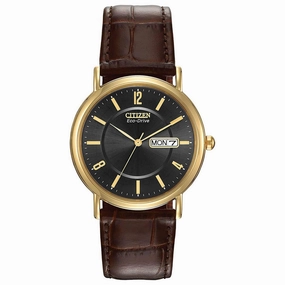 Citizen Men's Strap Watch - Eco Drive Day-Date Black Dial Brown Leather | BM8242-08E