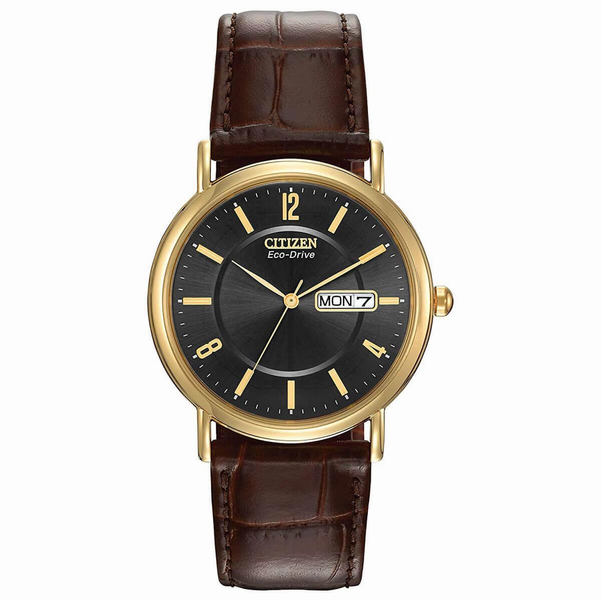 Citizen Men's Strap Watch - Eco Drive Day-Date Black Dial Brown Leather | BM8242-08E