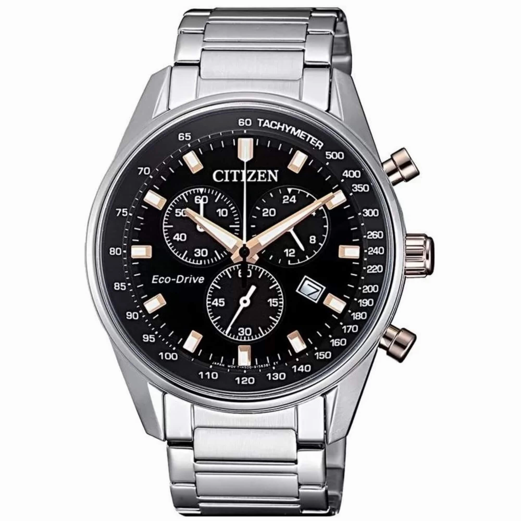 Citizen Men's Watch - Eco-Drive Chronograph Black Dial Silver Bracelet | AT2396-86E