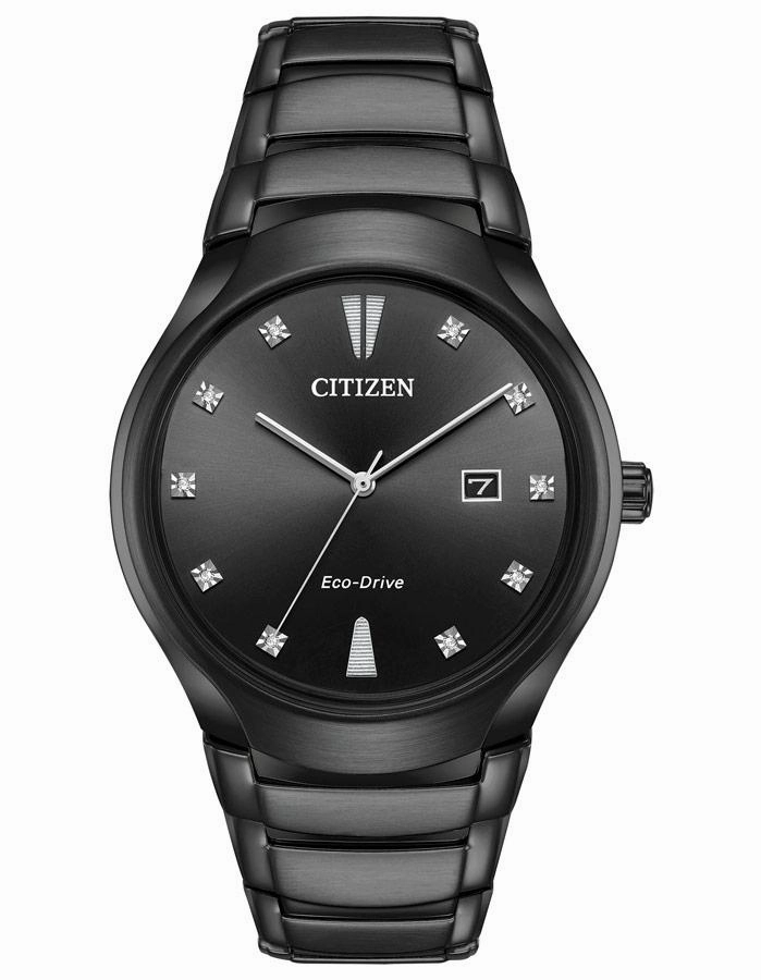 Citizen Mens Eco-Drive Diamond Watch - Black Dial & Case - Bracelet - Date