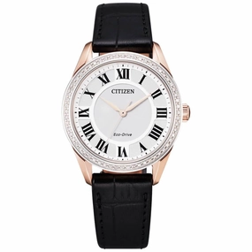 Citizen Women's Diamond Watch - Arezzo Silver Dial Black Leather Strap | EM0883-05A