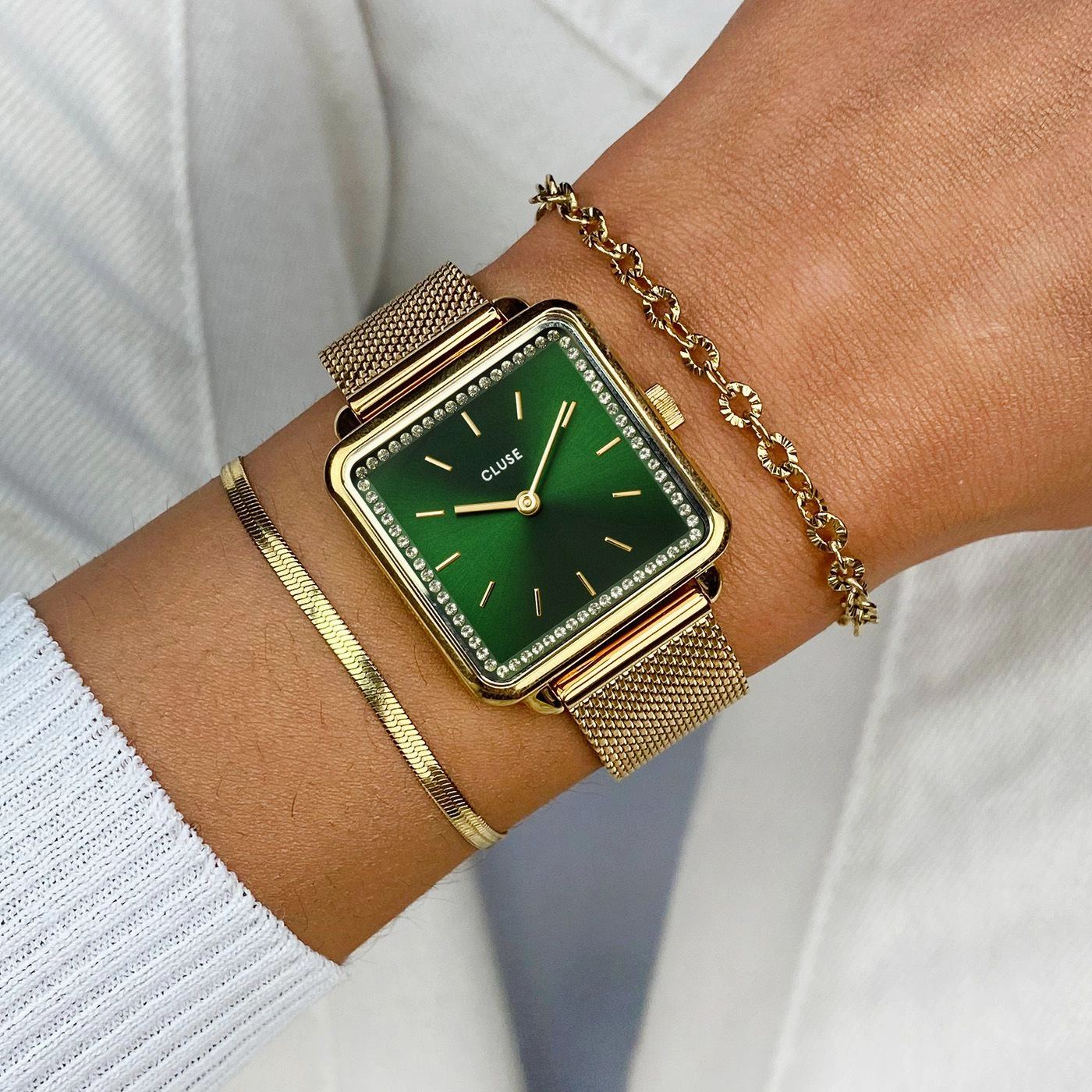 CLUSE La Tetragone Green Stones/ Gold Mesh Watch CW10309