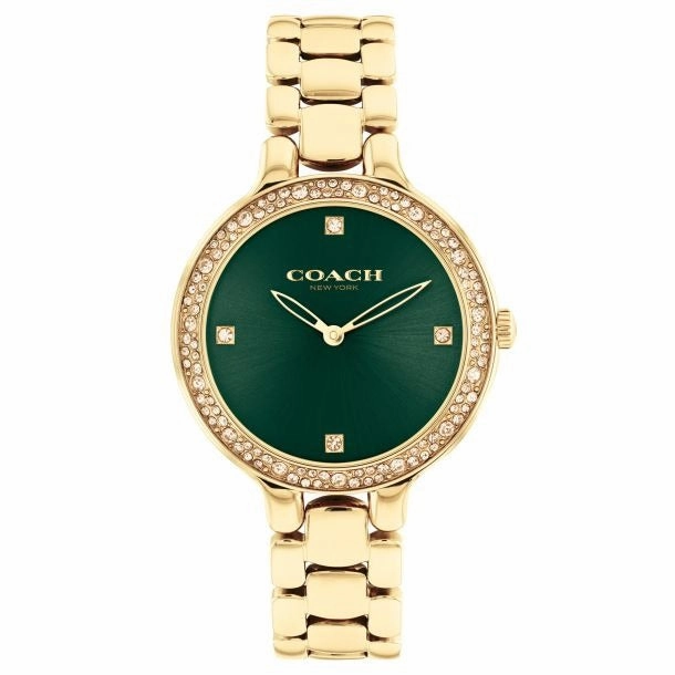 COACH CHELSEA GREEN DIAL GOLD-TONE CRYSTAL BRACELET WATCH 14504251